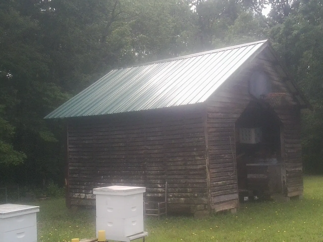 Green metal roof on a weathered barn beside stacked beehives in Vacherie