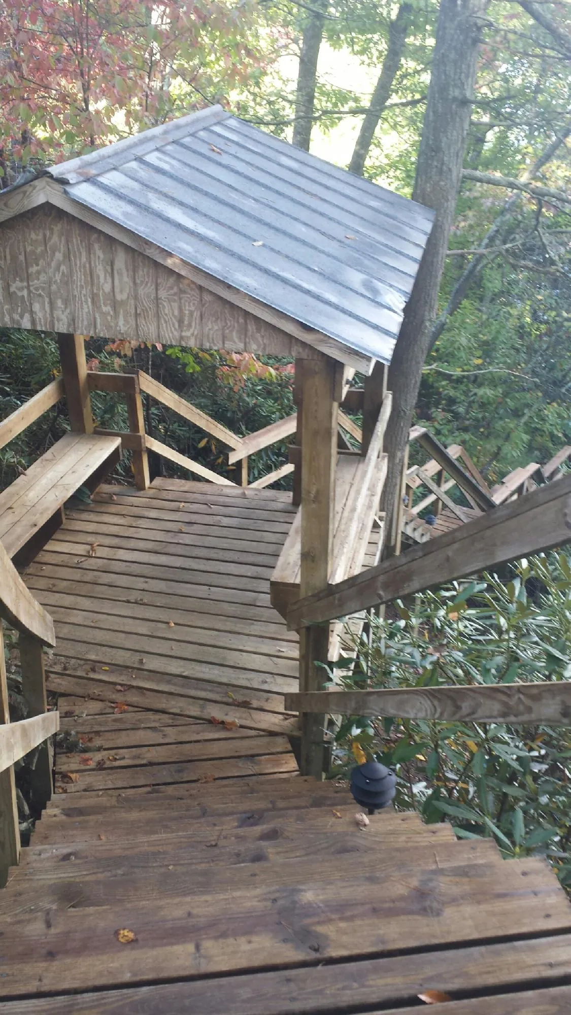 Metal roofed shelter over wooden steps on a wooded walkway — Skylight Repair & Installation work by our crew in Vacherie